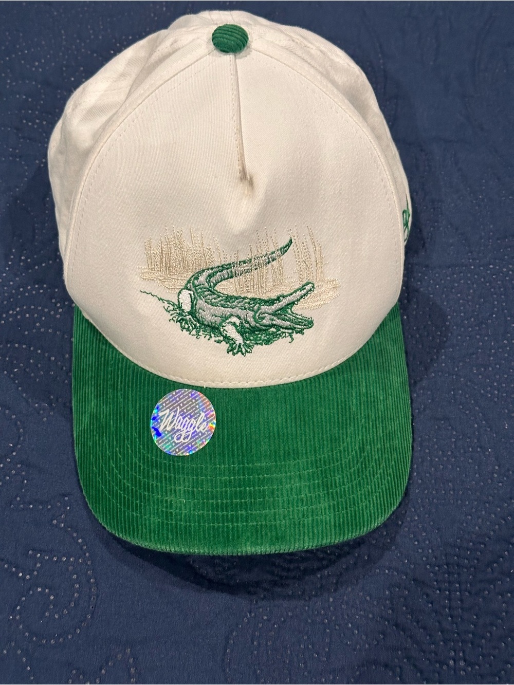 Waggle Golf Alligator Snapback Hat Green Corduroy Brim Embroidered Gator Cap